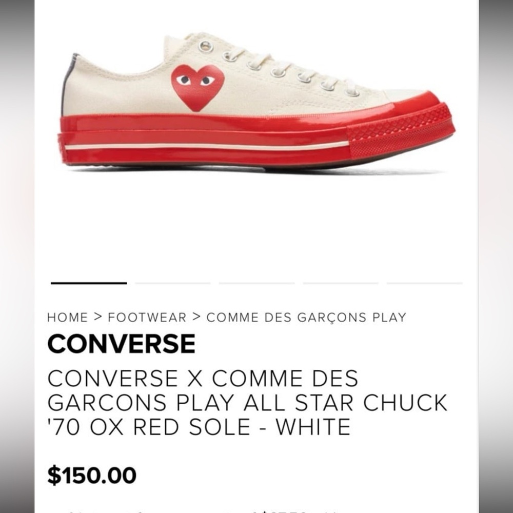 CONVERSE X COMME DES GARCONS PLAY ALL STAR CHUCK '70 OX RED SOLE, WHITE